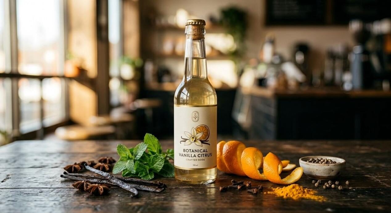 Una fotografía de producto profesional que muestra una botella de bebida moderna rodeada de ingredientes frescos y crudos.