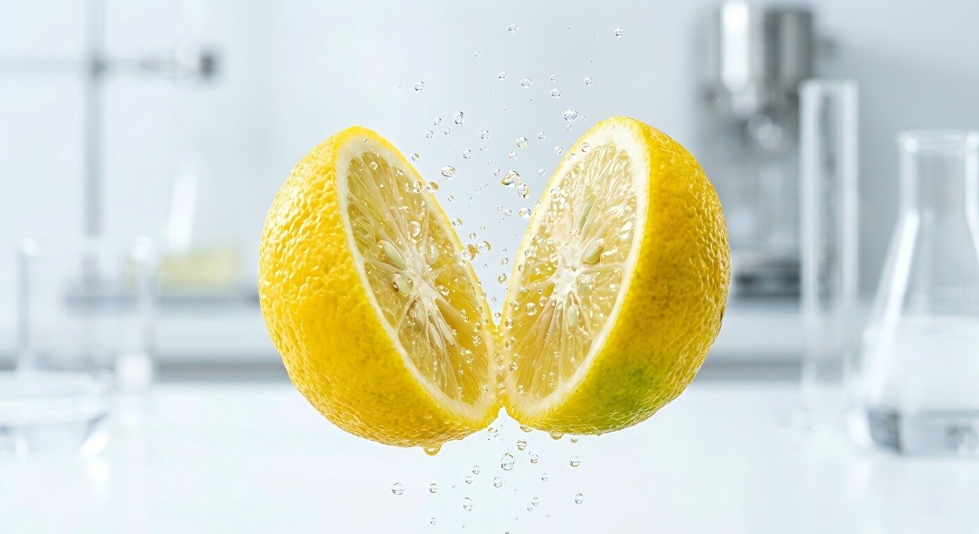 A stunning professional macro shot of a fresh Japanese Yuzu split open, surrounded by sparkling carbonated water splashes against a clean, minimalist background.
