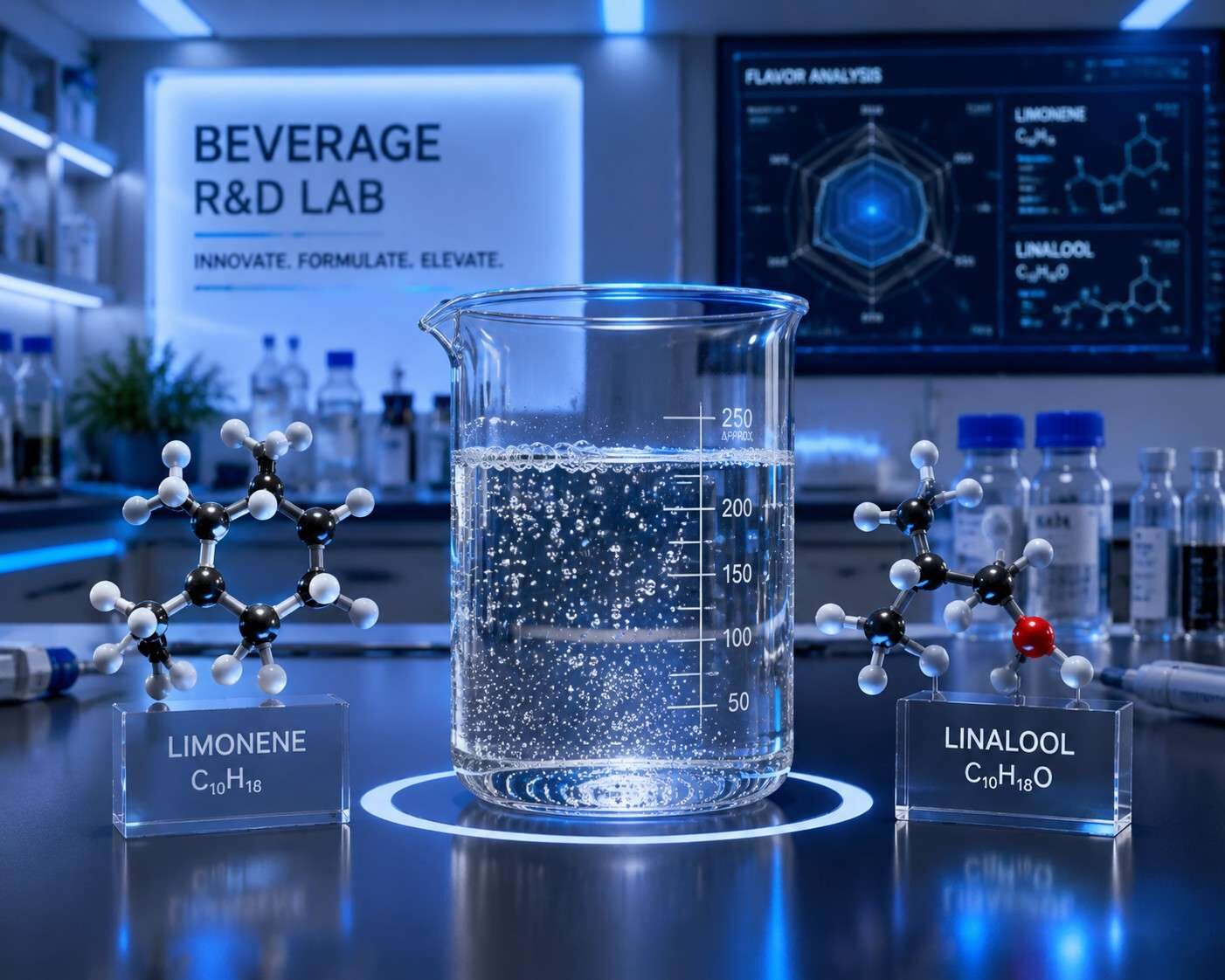 A sleek scientific beverage research laboratory featuring a glass beaker of effervescent liquid surrounded by molecular models of flavor compounds like limonene and linalool, illuminated with professional blue-white lighting.