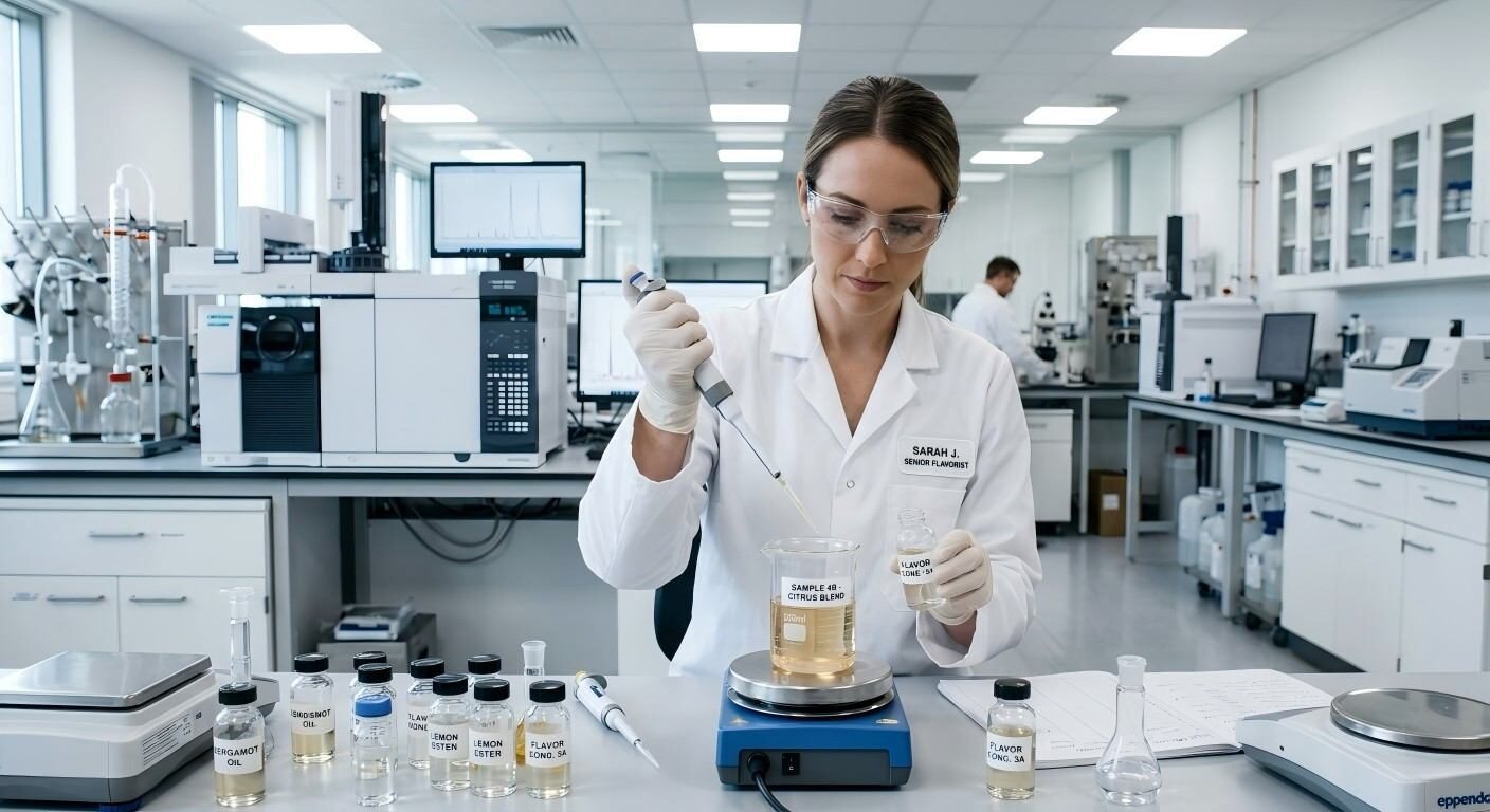 A professional flavorist meticulously prepares flavor concentrates in a high-end, sterile food science laboratory using precision analytical equipment.