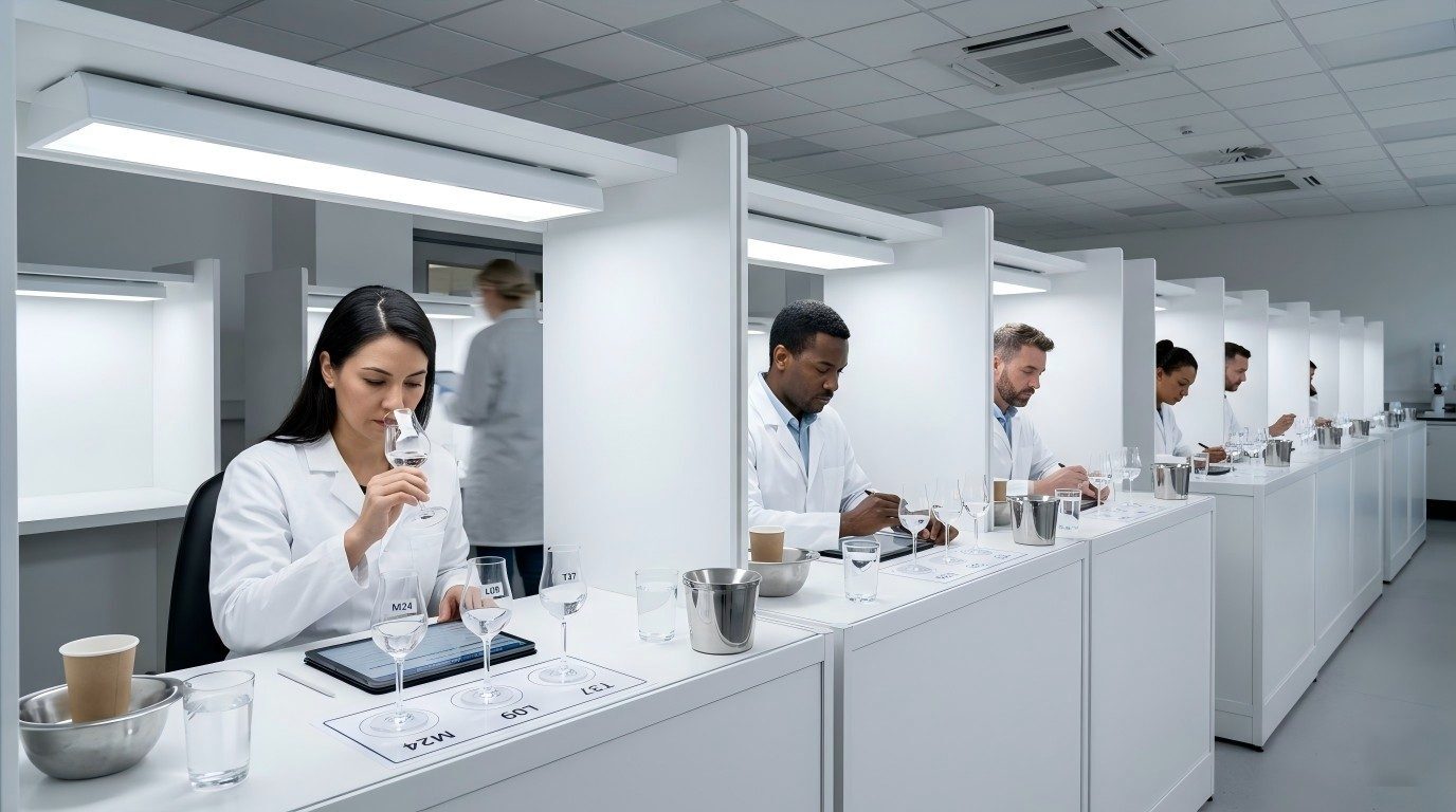 Professional sensory panelists conduct rigorous flavor evaluation in private booths within a clinical, ISO 8589-compliant laboratory environment.