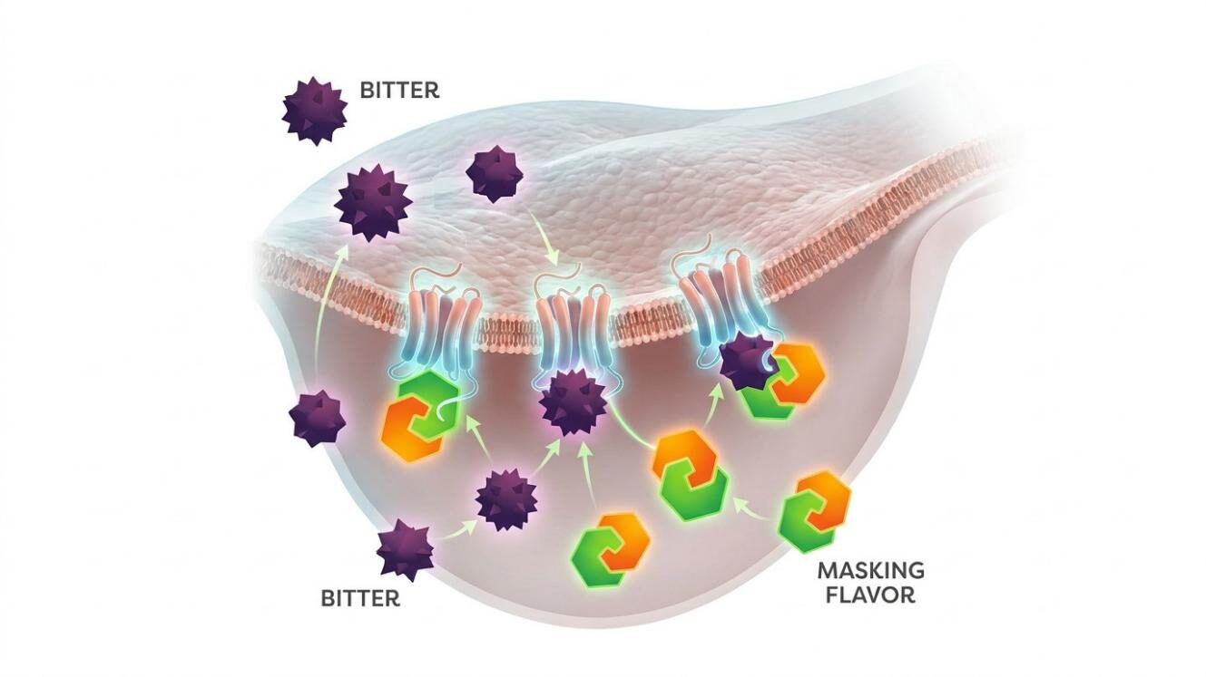 Scientific illustration of caffeine molecules interacting with T2R bitter taste receptors in the taste bud membrane — the molecular basis of caffeine bitterness that flavor modulation technologies must address.
