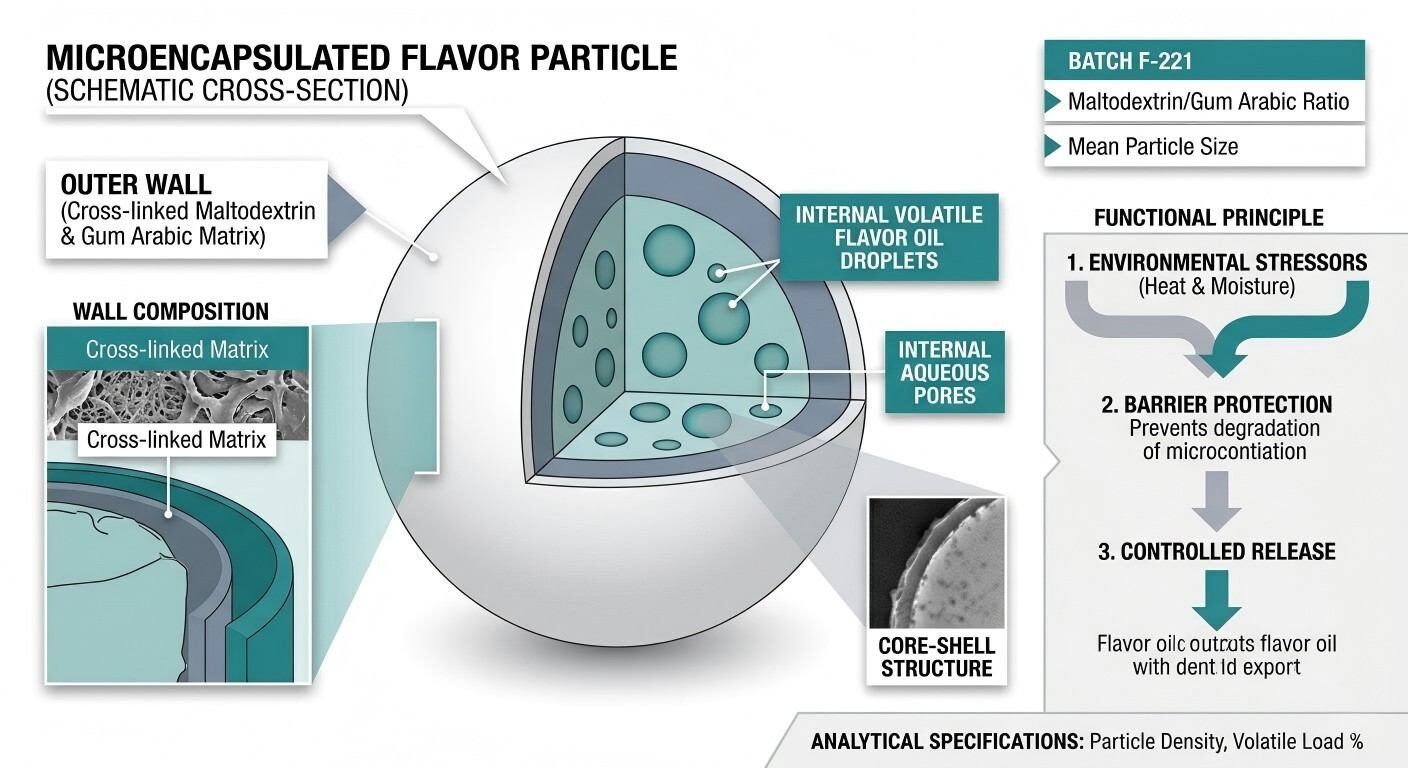 Detailed technical diagram illustrating the cross-sectional structure of a microencapsulated flavor particle.
