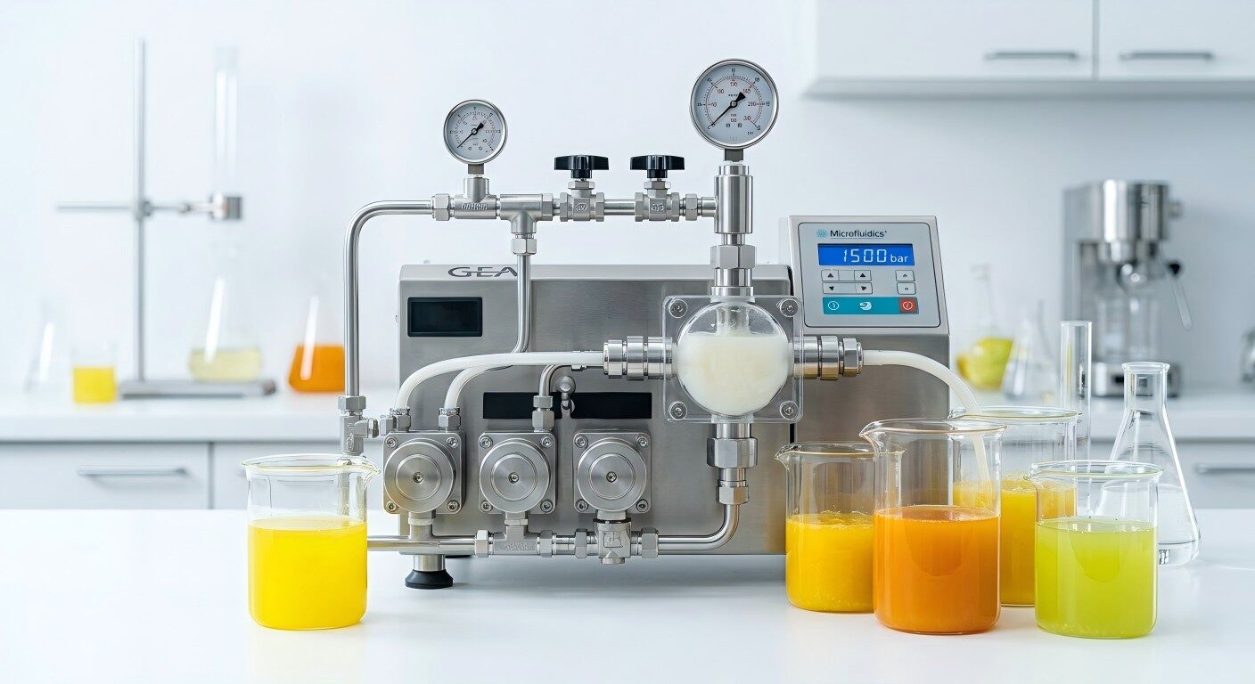 An advanced laboratory setup featuring a high-pressure homogenizer processing premium citrus flavor emulsions, showcasing professional scientific precision.