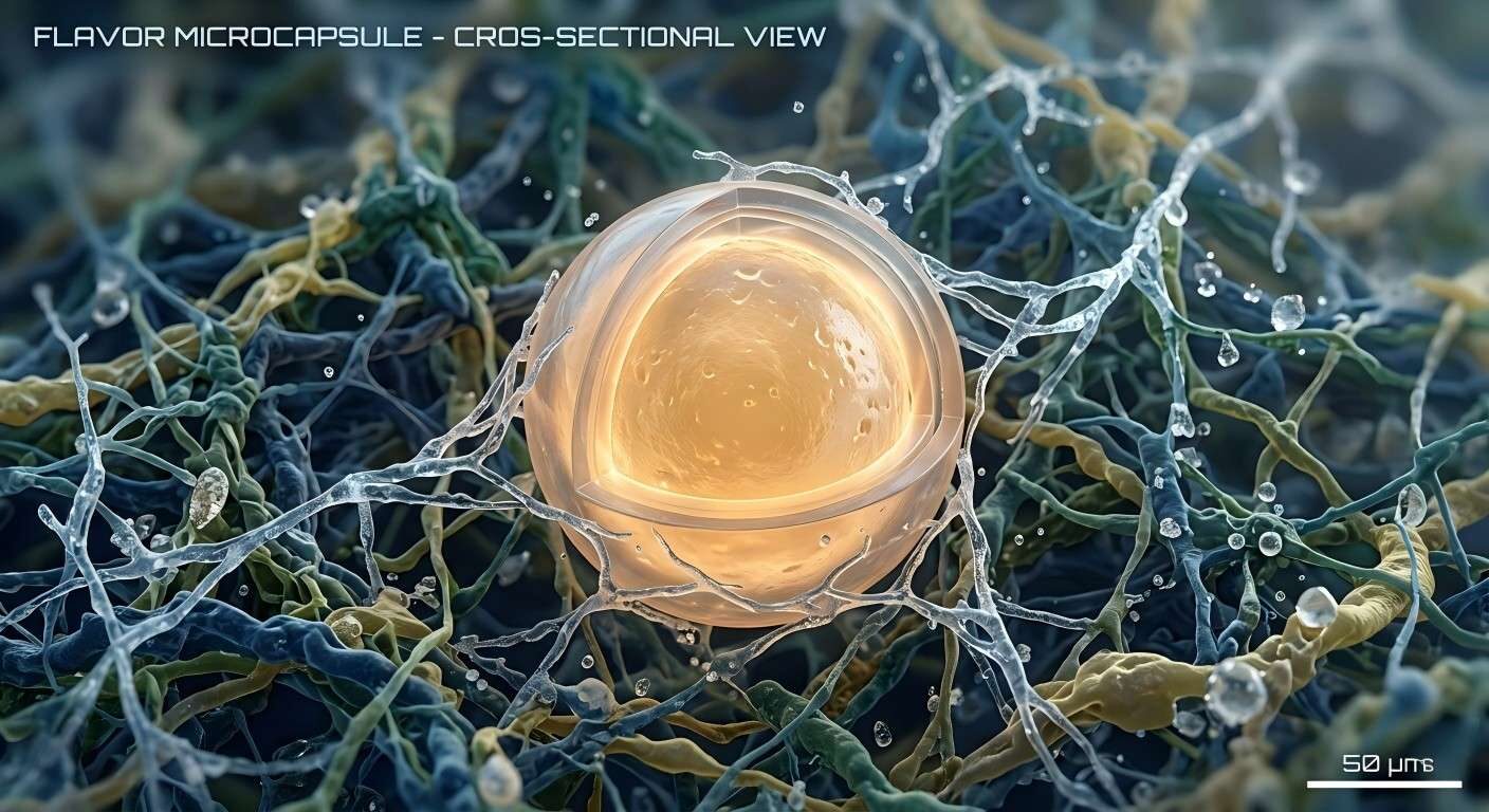 Detailed 3D macro rendering of a food flavor microcapsule within a complex matrix, showcasing food tech.