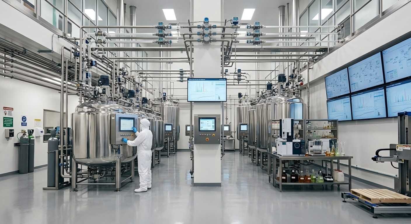 A view of our industrial-grade automated liquid compounding area with mirror-polished stainless steel tanks.