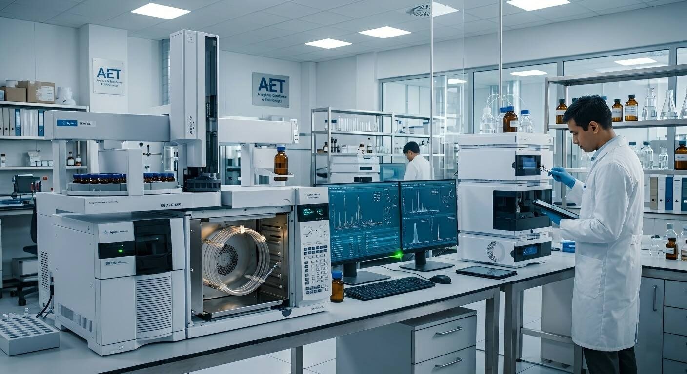 A modern analytical testing environment showcasing Gas Chromatography-Mass Spectrometry (GC-MS) and high-performance liquid chromatography setups.