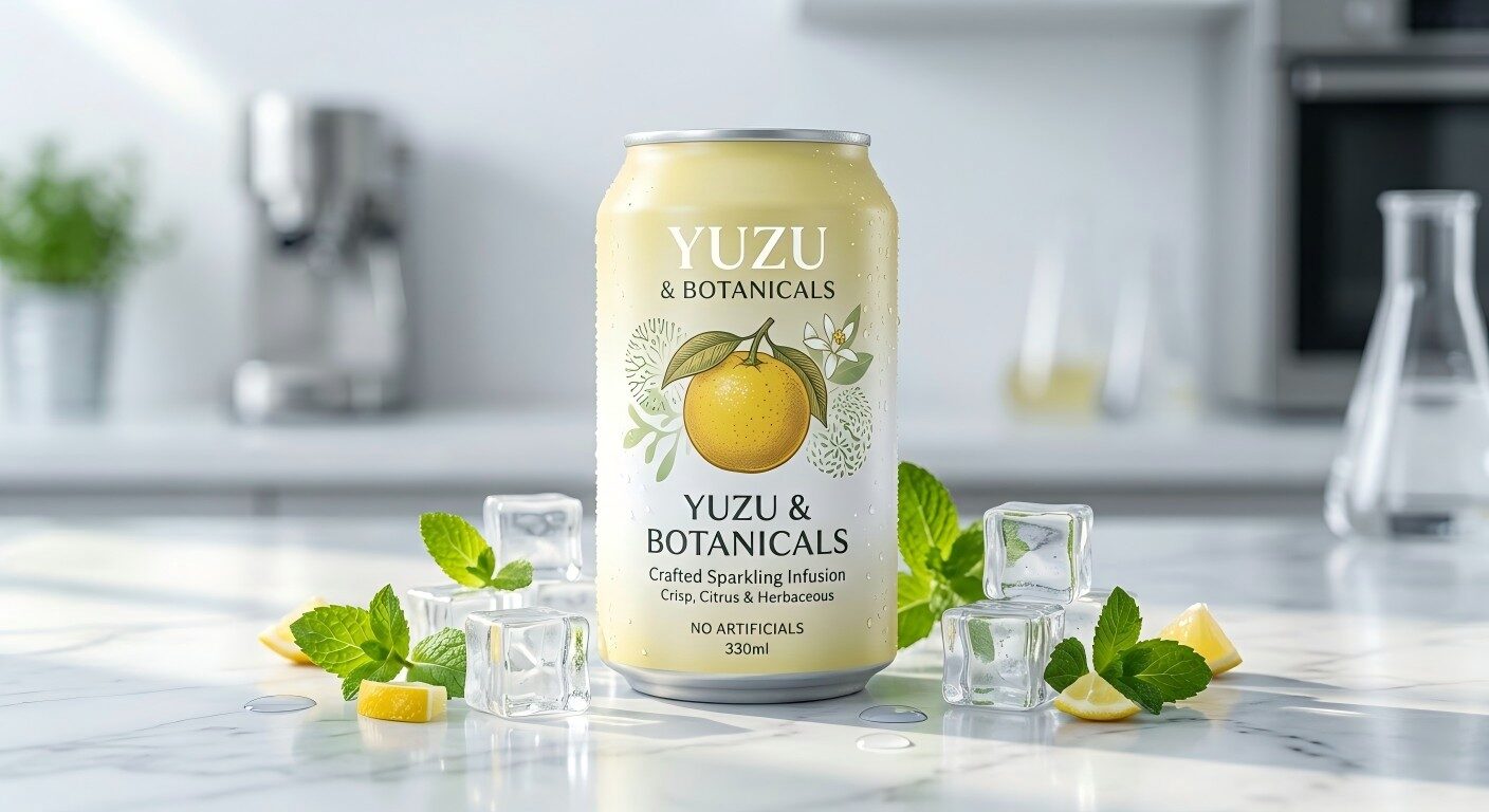 A high-end commercial photograph of a modern, minimalist carbonated Yuzu & Botanical soft drink can, styled with ice and fresh mint.