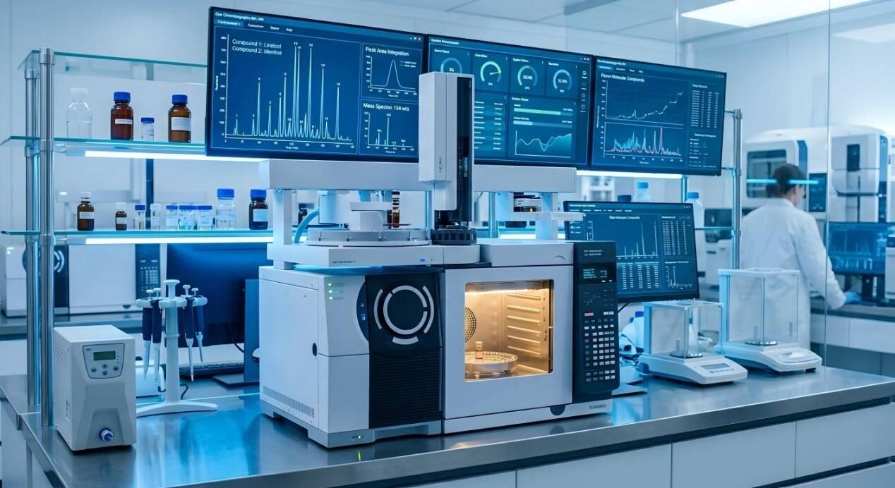 An analytical chemistry setup featuring GC-MS technology used for precise flavor molecular analysis.