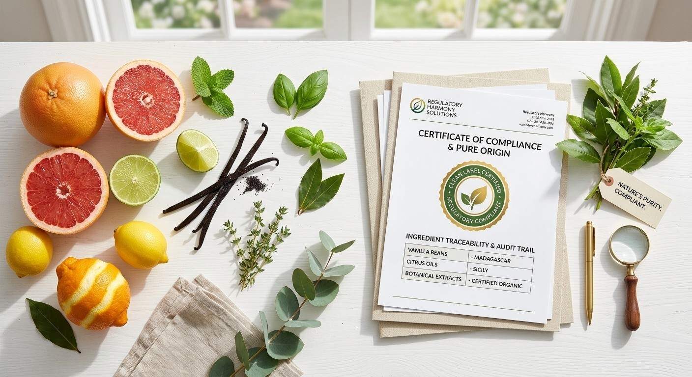 An elegant flat lay of fresh, natural ingredients paired with clean label documentation for compliance.