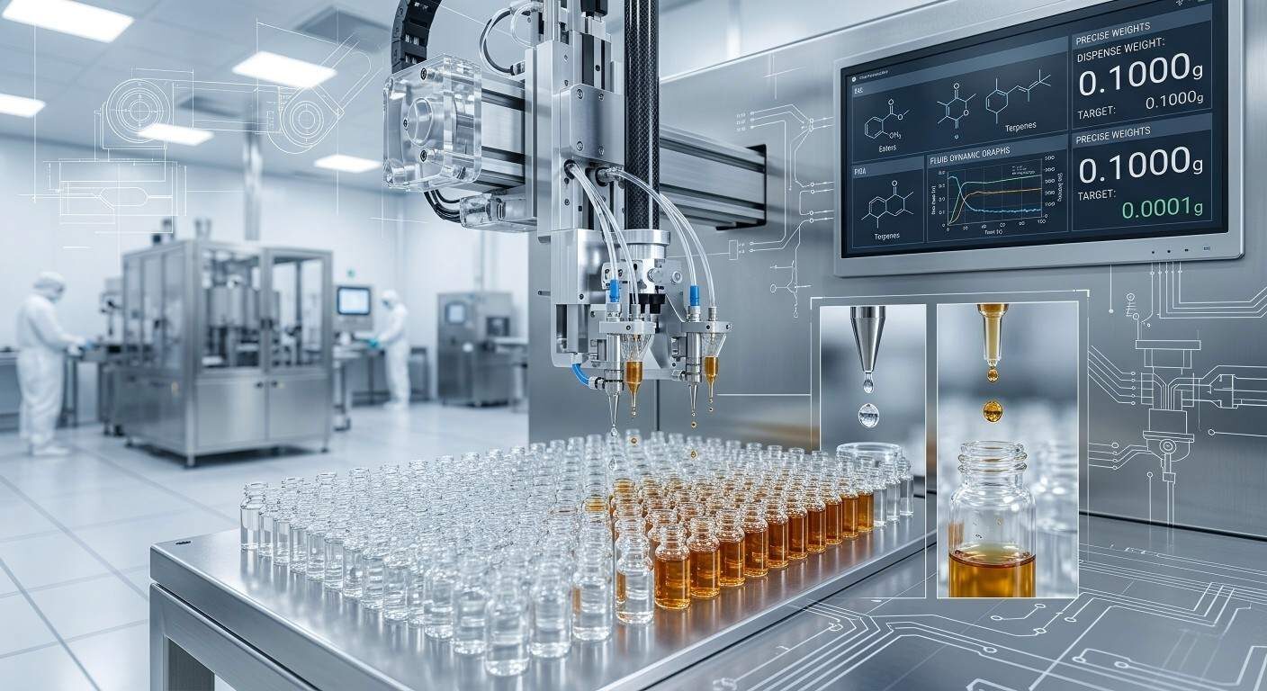 Precision high-throughput robotic systems automating the dispensing of flavor concentrates in a state-of-the-art manufacturing facility.