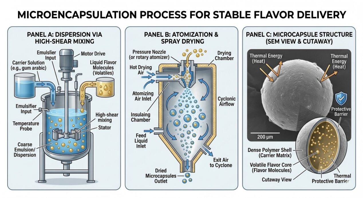 A multi-panel technical illustration detailing the microencapsulation process, from high-shear mixing and spray drying to protective shell structure.