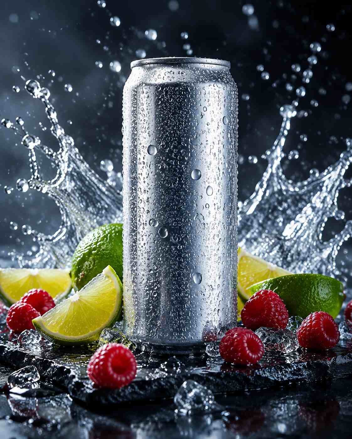 A premium commercial product photograph of a chilled aluminum hard seltzer can covered in condensation, surrounded by fresh lime, raspberries, and water splash effects emphasizing refreshment and flavor retention.