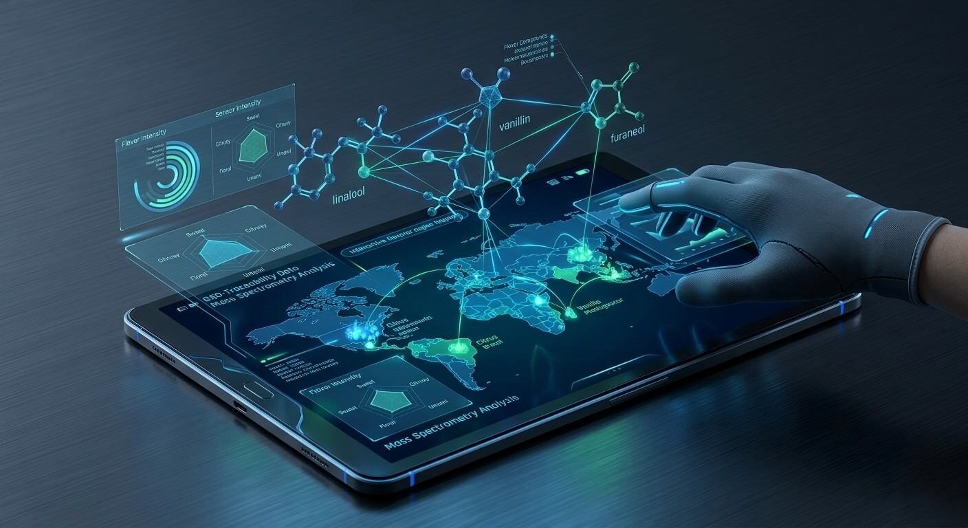 Futuristic digital visualization showing molecular flavor structures intersecting with data for food innovation.