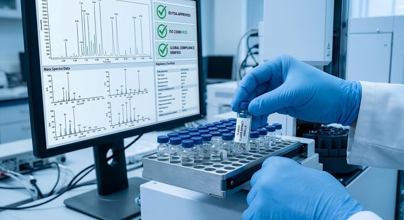 Technical close-up of GC-MS lab testing showing chemical analysis of flavor extracts with real-time regulatory compliance data.