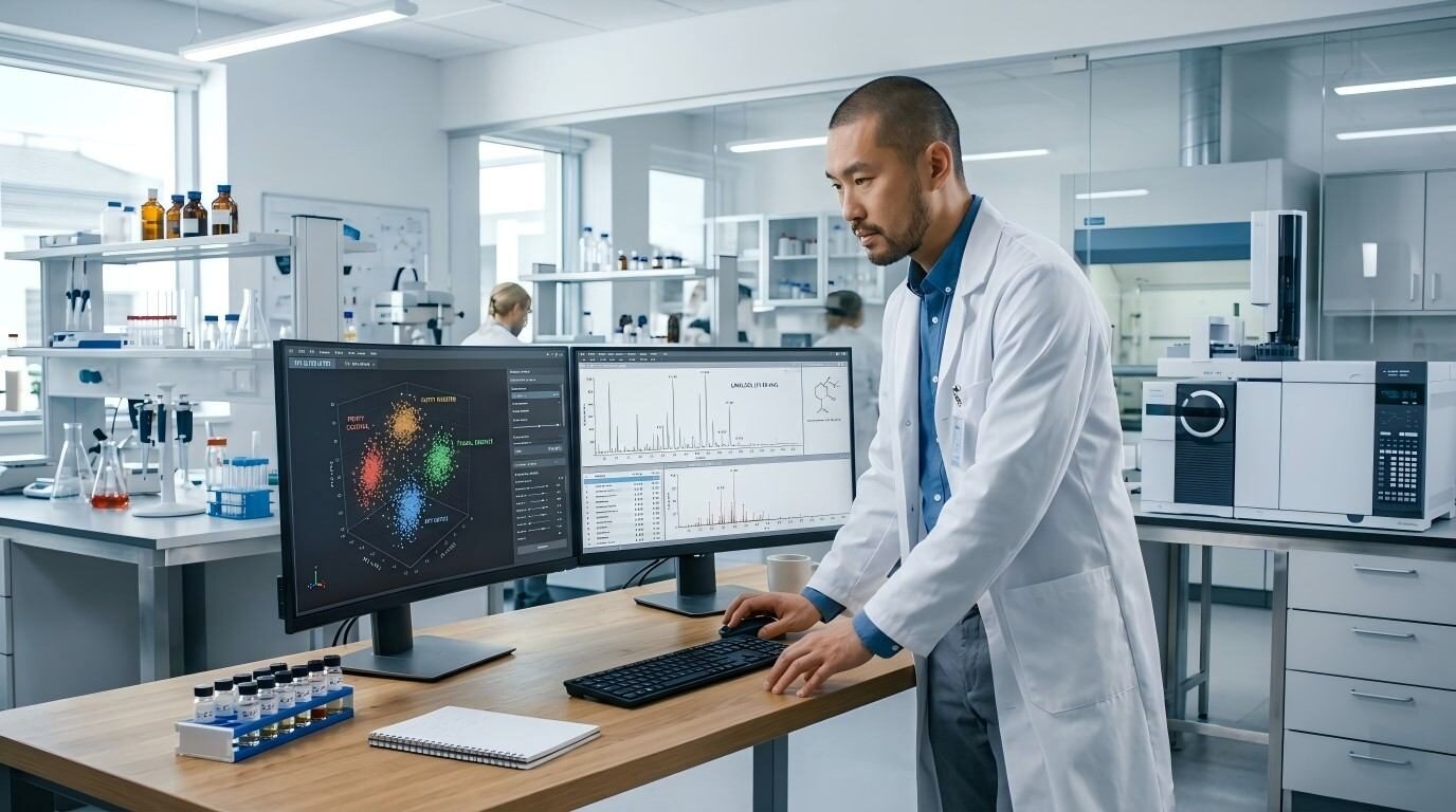 A flavor chemist works in a corporate R&D environment, using advanced software to analyze 3D PCA scatter plots and chemical chromatography data.