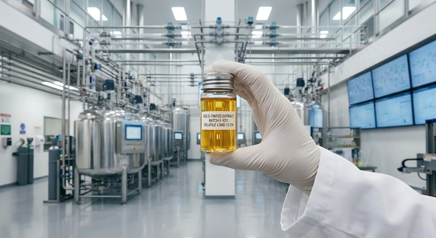 A professional editorial shot showcasing a high-quality, gold-tinted liquid flavor extract vial.