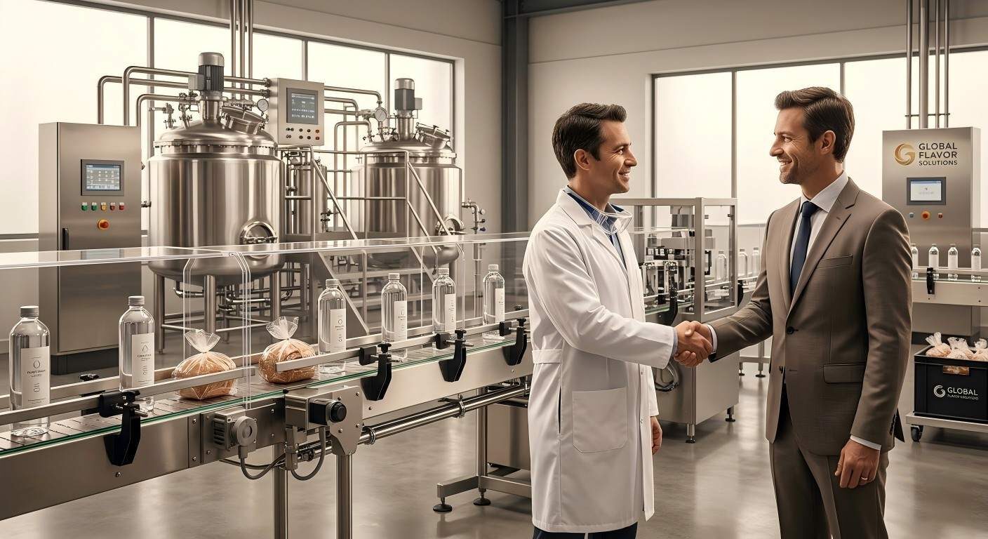 A professional representation of strategic partnership in the food and beverage industry, featuring modern production facilities and collaborative innovation.