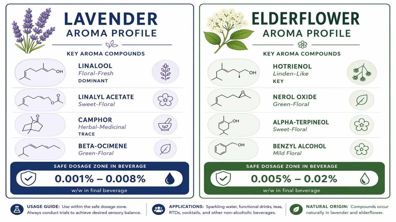 A two-panel scientific infographic showing key aroma compounds for lavender (linalool, linalyl acetate, camphor, beta-ocimene) and elderflower (hotrienol, nerol oxide, alpha-terpineol, benzyl alcohol) with safe dosage concentration zones for food and beverage formulation — from CUIGUAI Flavoring's botanical flavour guide.