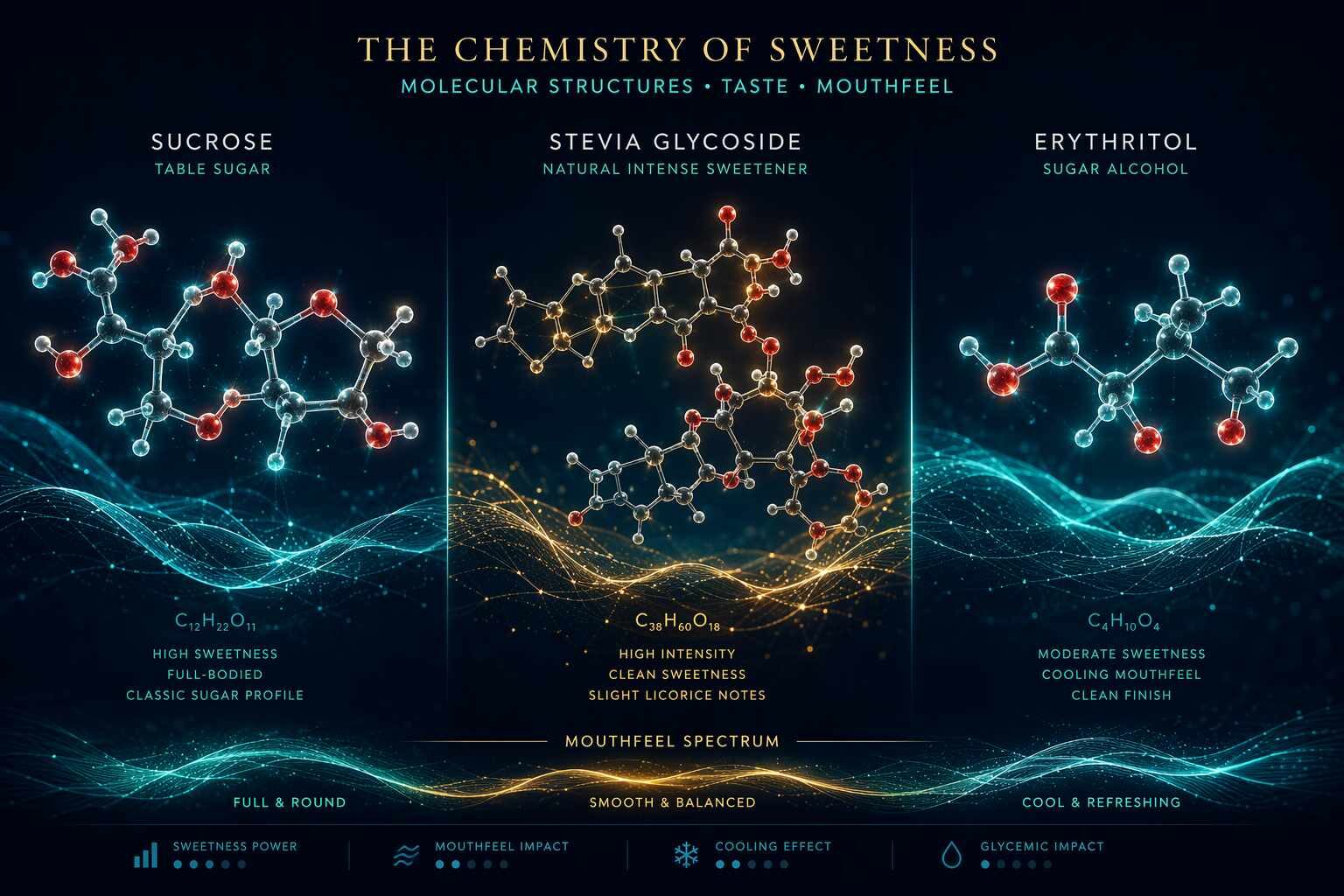 Scientific visualization of sucrose, stevia glycoside, and erythritol molecules with mouthfeel texture waves. Key reference for beverage formulators developing low-sugar and zero-sugar soda formulations with optimized mouthfeel recovery.