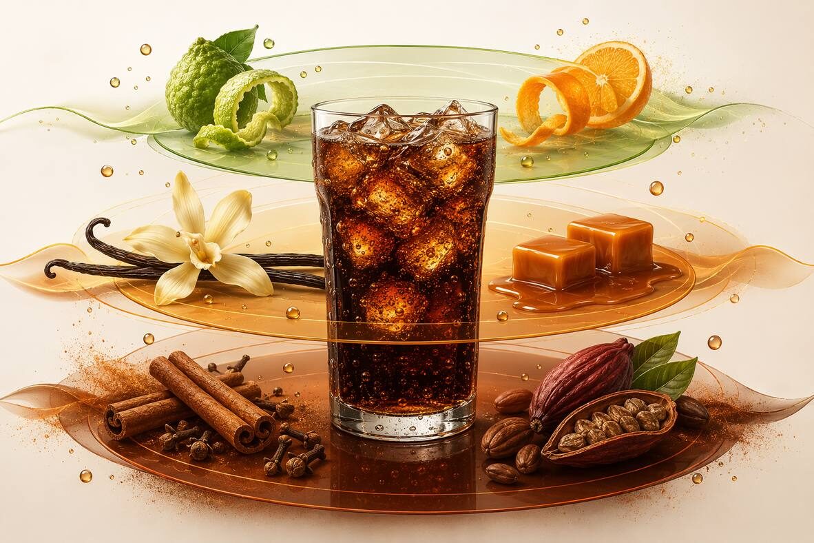 A layered scientific illustration showing how citrus top notes, vanilla heart notes and kola spice base notes combine to create an authentic natural cola flavor profile for craft soda brands.