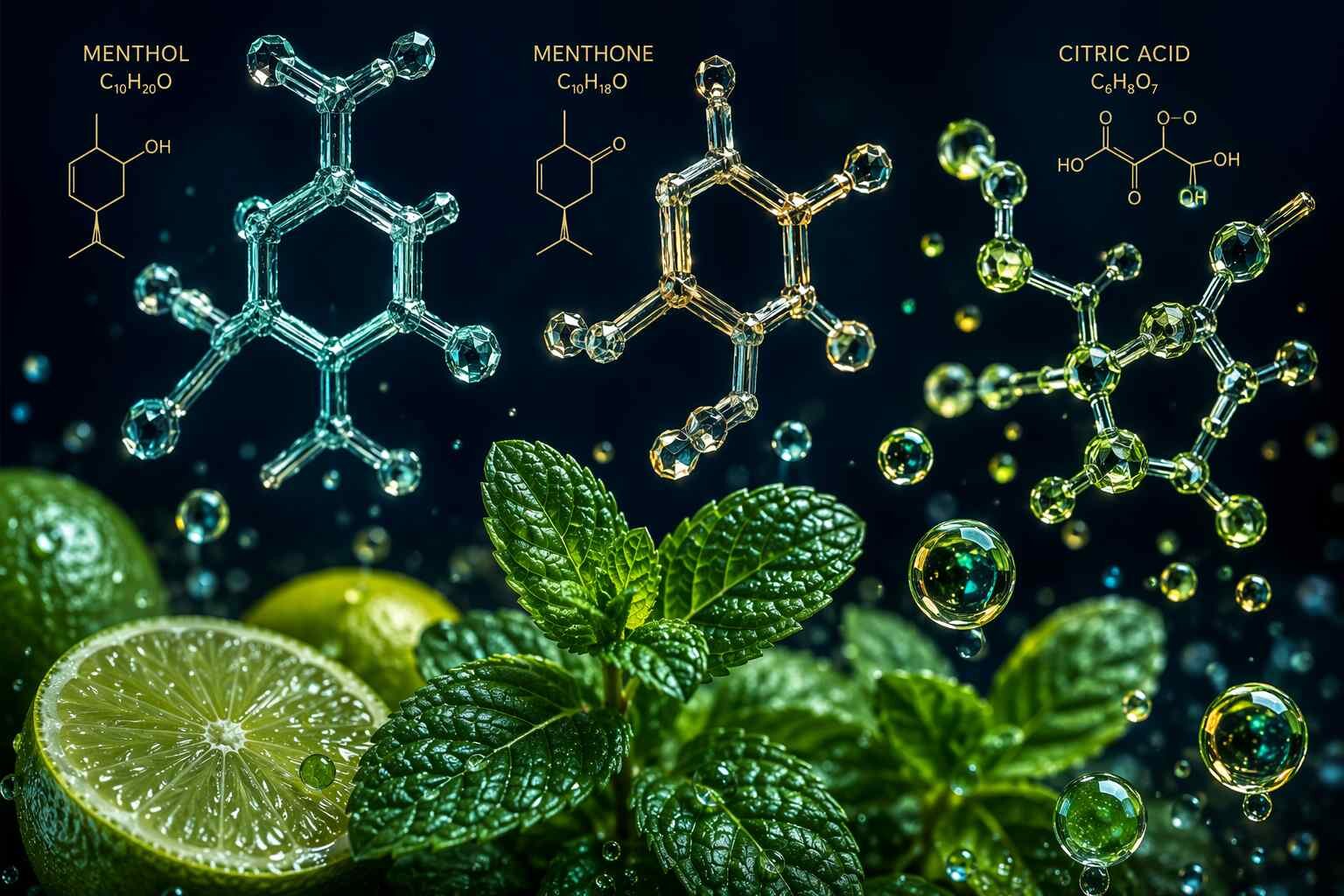Visualisation scientifique des molécules aromatiques clés dans les systèmes de saveur du mojito RTD : R-(-)-carvone (caractère menthe verte), menthol (rafraîchissant) et acide citrique de lime. Référence essentielle pour les formulateurs en arômes de boissons développant des concentrés authentiques de mojito RTD.