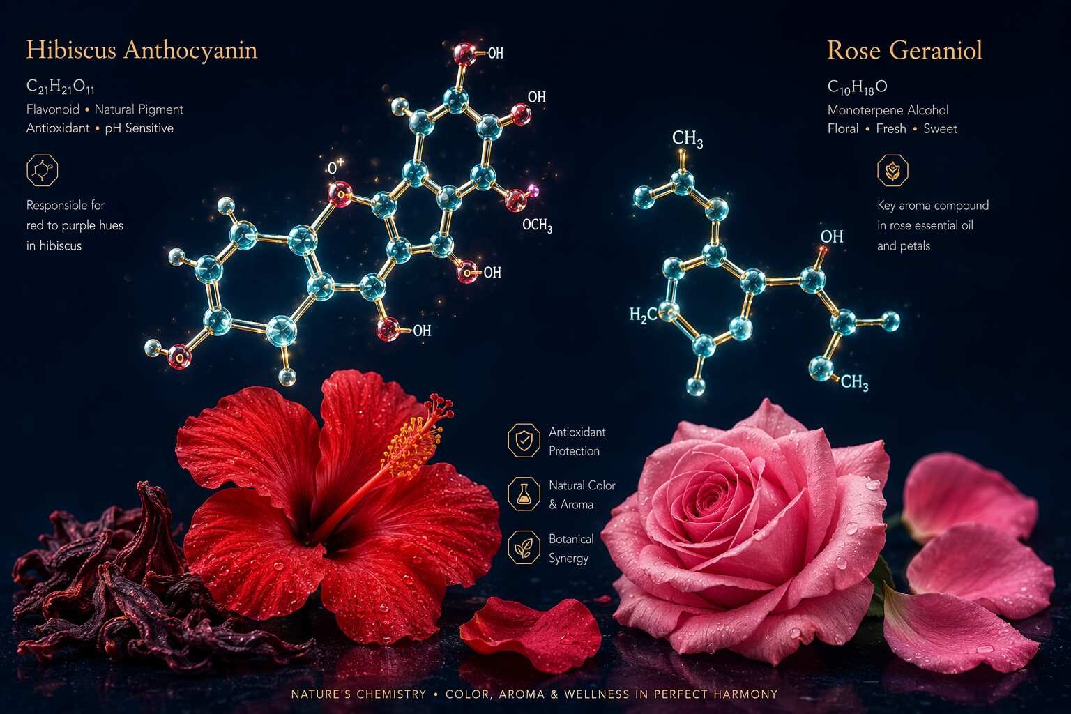 木槿花青素与玫瑰香叶醇分子示意图——引领高端木槿玫瑰茶体验的关键风味与色彩化合物。饮料风味调配师与茶叶品牌开发者的必备参考。