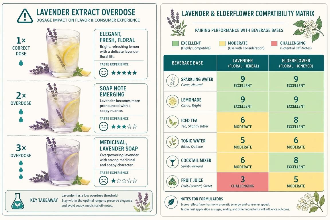 A split-panel technical diagram showing the lavender dosage curve (imperceptible to elegant to soapy/medicinal) and a compatibility matrix rating lavender and elderflower against six beverage types (sparkling water, lemonade, iced tea, tonic water, cocktail mixer, fruit juice) — from CUIGUAI Flavoring's floral flavour formulation guide.