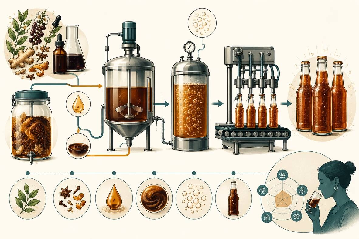 An illustration of the craft soda development pipeline from botanical extracts and natural flavor concentrates through blending, carbonation and sensory evaluation, showing key decision points for natural cola formulation.