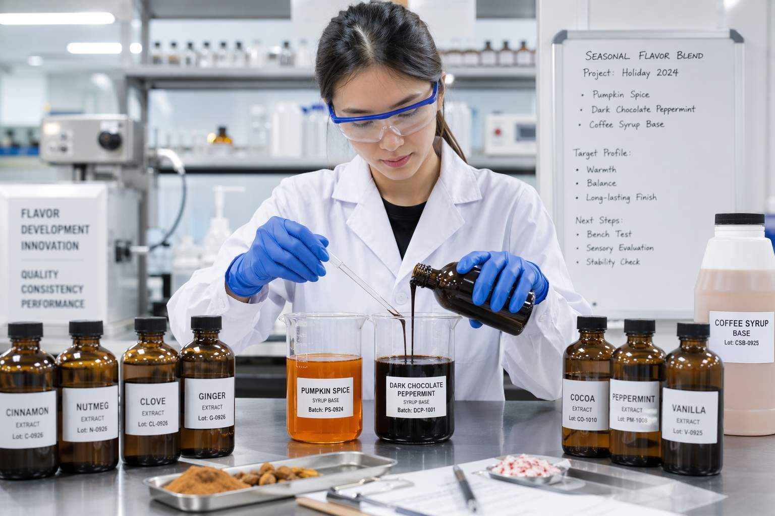 داخل مختبر أبحاث وتطوير نكهات الطعام الاحترافي لشركة CUIGUAI Flavoring في Guangdong، الصين. تطوير تركيزات نكهات شراب القهوة الموسمية بما في ذلك توابل اليقطين وموكا النعناع للفنادق والعلامات التجارية العالمية للضيافة والتجزئة.