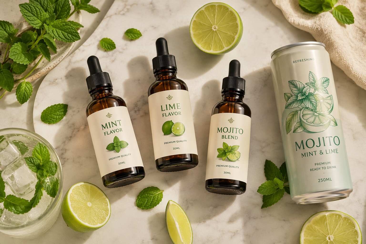 Collection de concentrés aromatiques premium de menthe et de lime de CUIGUAI pour la formulation de cocktails Mojito RTD. Concentré de menthe verte naturelle (standardisé en carvone) et arôme de lime (standardisé en citral), fabriqués dans le Guangdong, Chine.