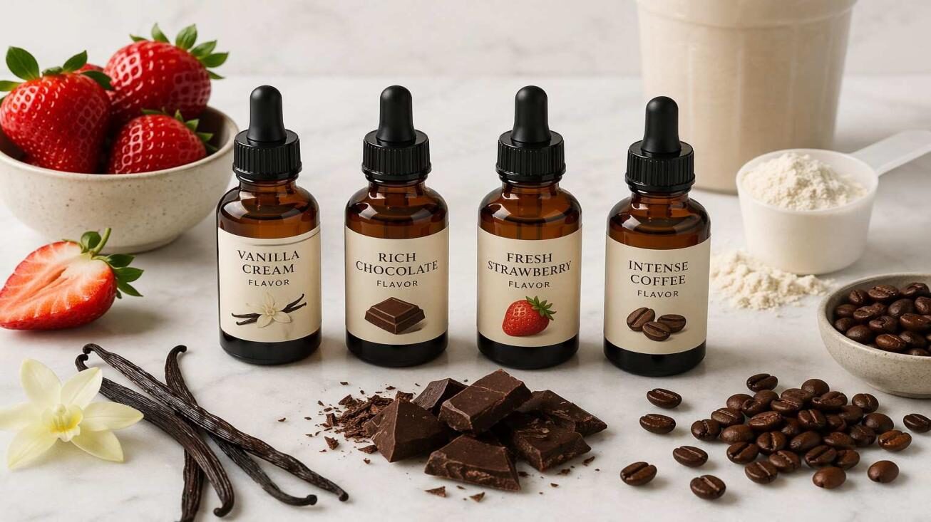 CUIGUAI Flavoring's plant-based protein shake flavor concentrate lineup — Vanilla Cream, Rich Chocolate, Fresh Strawberry, and Intense Coffee — displayed with natural ingredient props on white marble. Available for B2B OEM supply with protein matrix validation, chalky texture masking, and full regulatory documentation.