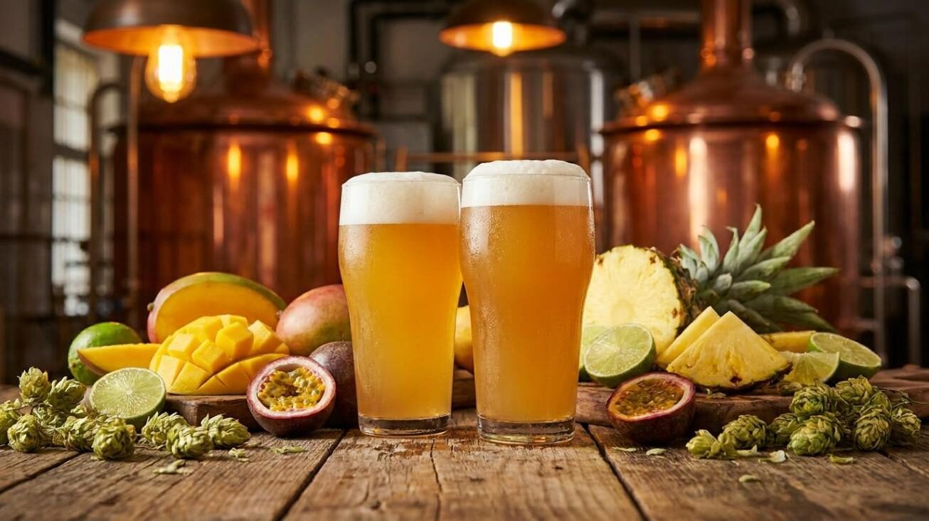 Two pint glasses of hazy golden IPA surrounded by fresh tropical fruits and hop cones on a rustic brewery table — hero image for CUIGUAI Flavoring's technical guide on pairing tropical fruits with hops in craft beer brewing.