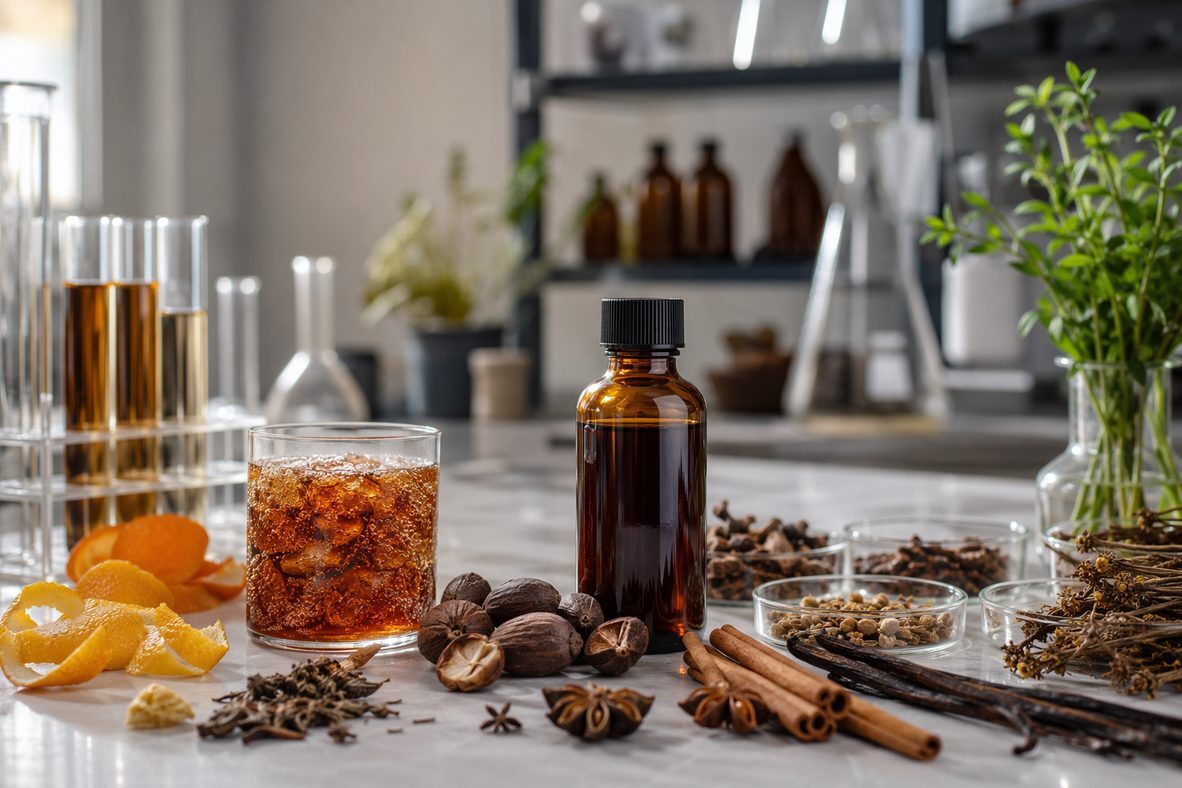 A professional beverage R&D bench with kola nuts, citrus peels, vanilla and craft cola samples, illustrating the botanical sourcing challenge behind natural cola flavor for small-batch soda brands.