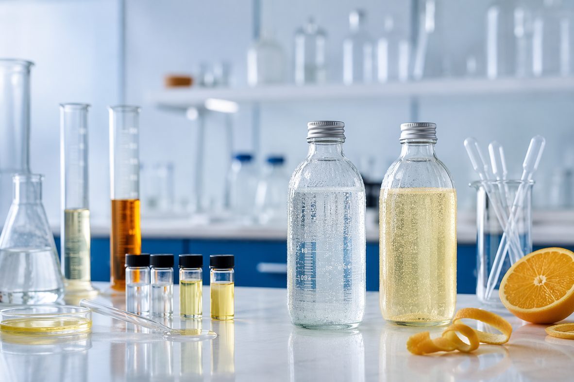 A professional beverage R&D bench with clear soluble and oil-emulsion beverage samples, illustrating the technical choice between water-soluble and oil-soluble flavor systems for beverage formulation.