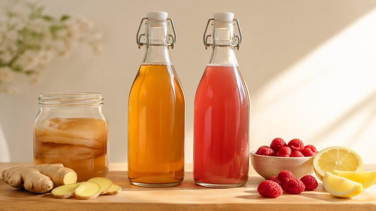 Two premium kombucha bottles with SCOBY culture jar, fresh raspberries, ginger, and lemon — hero image for CUIGUAI Flavoring's comprehensive technical guide on balancing kombucha acidity with fruit extract flavor profiles for commercial beverage production.