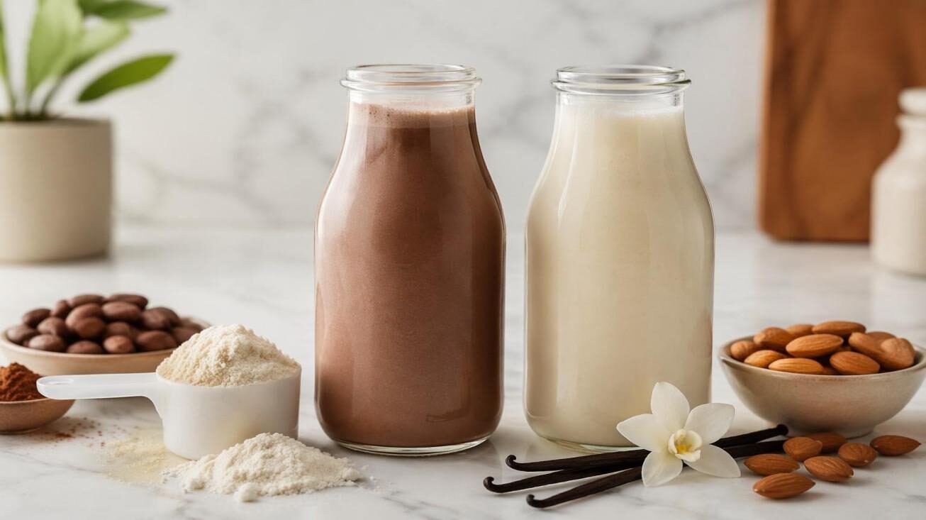 Two premium plant-based protein shakes (vanilla and chocolate) with protein powder, vanilla pods, and cocoa beans — hero image for CUIGUAI Flavoring's comprehensive technical guide on solving chalky texture and off-note challenges in plant-based protein shake flavoring.