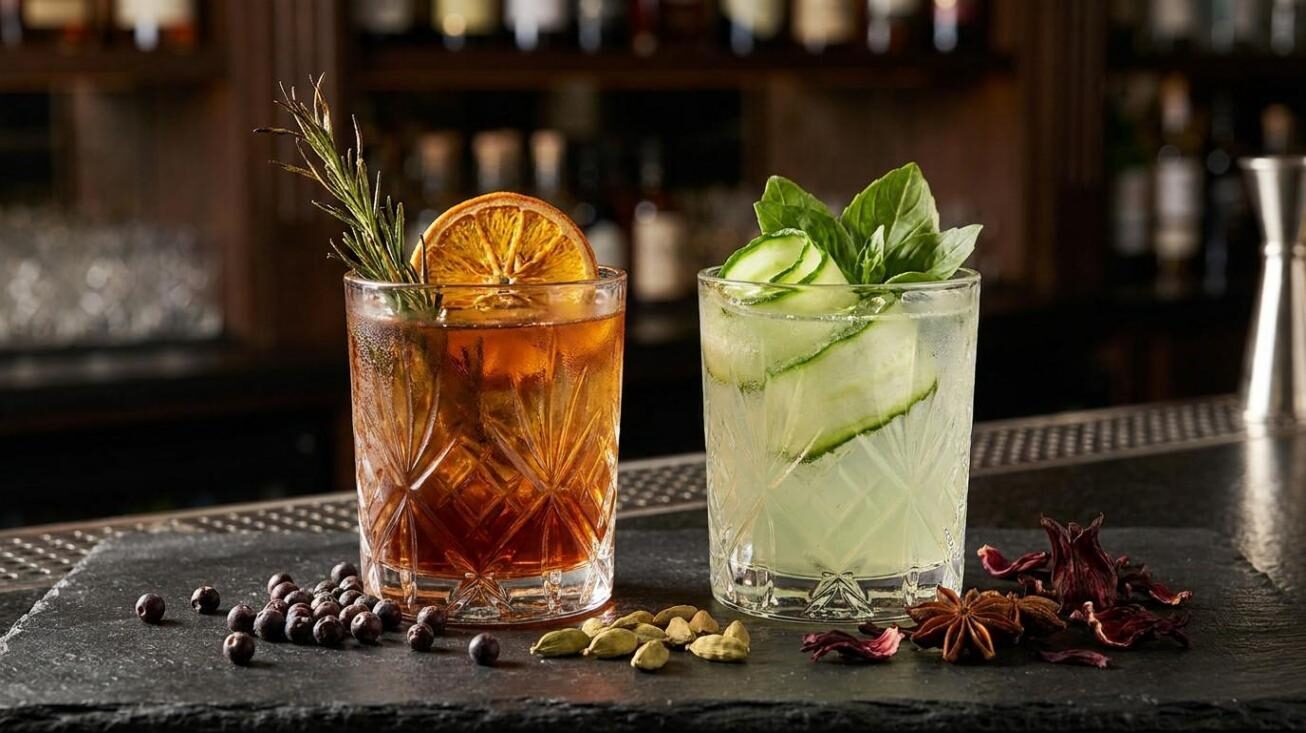 Two premium mocktail glasses with amber and pale green botanical drinks surrounded by juniper berries, cardamom, and star anise — illustrating the sensory complexity explored in this technical article on non-alcoholic spirit flavor formulation by CUIGUAI Flavoring.
