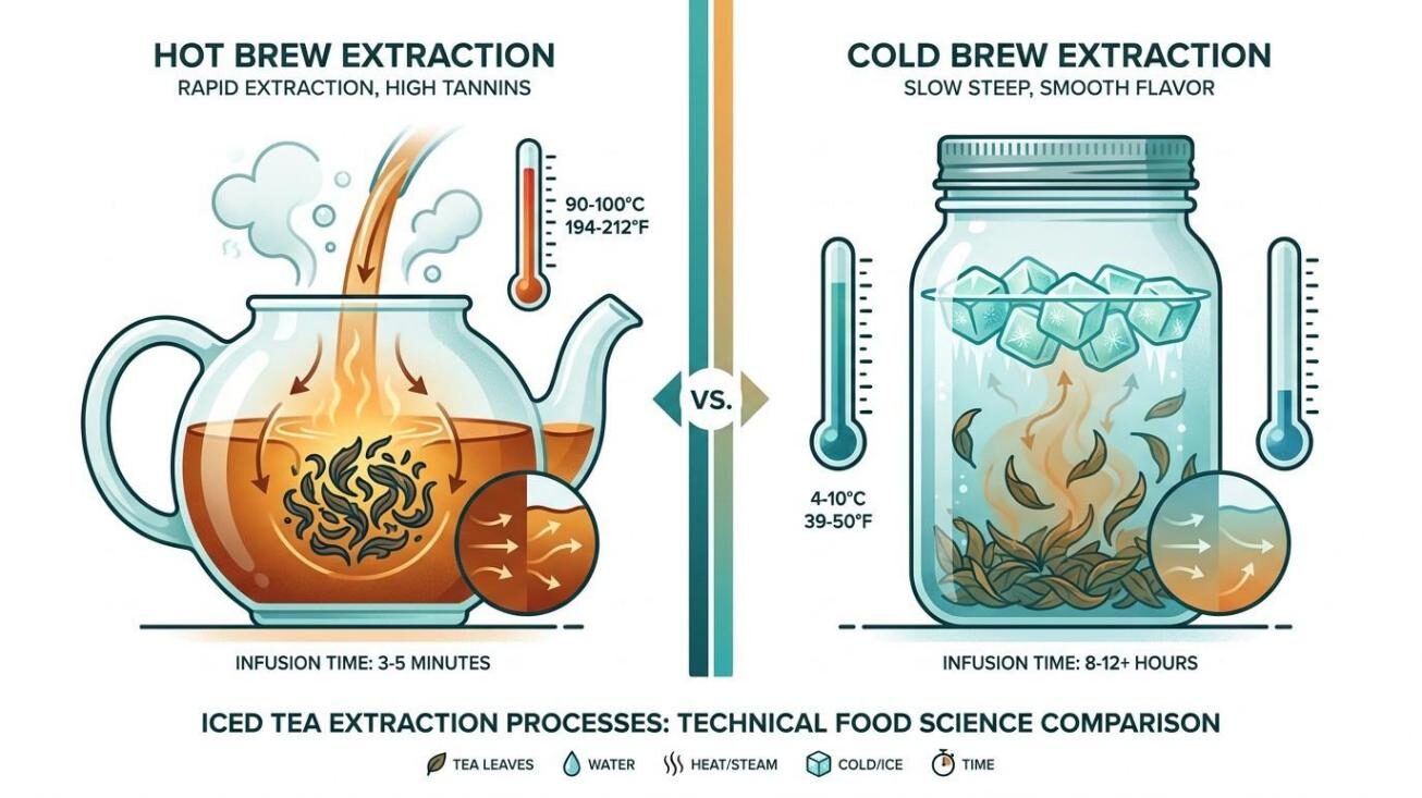 A split-view technical illustration comparing hot and cold tea extraction methods, showing how temperature affects catechin yield, aroma compound retention, and the final iced tea flavor profile.
