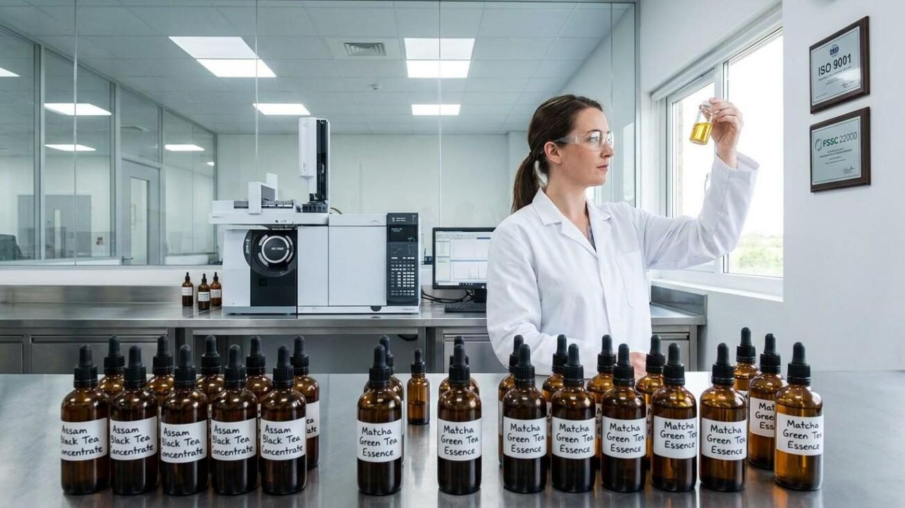 CUIGUAI Flavoring's beverage R&D laboratory featuring GC-MS analysis equipment, polyphenol fractionation systems, and tea flavor concentrate production lines — supporting authentic iced tea flavor development for global RTD manufacturers.