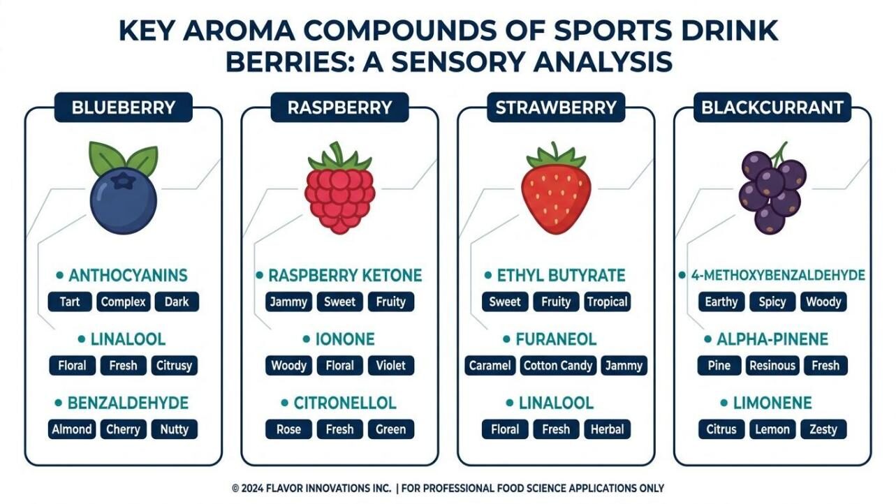 A four-panel scientific infographic showing key aroma-active compounds for blueberry (linalool, benzaldehyde), raspberry (raspberry ketone, ionone), strawberry (ethyl butyrate, furaneol), and blackcurrant (4-methoxybenzaldehyde, alpha-pinene) — for isotonic sports drink flavor formulation by CUIGUAI Flavoring.