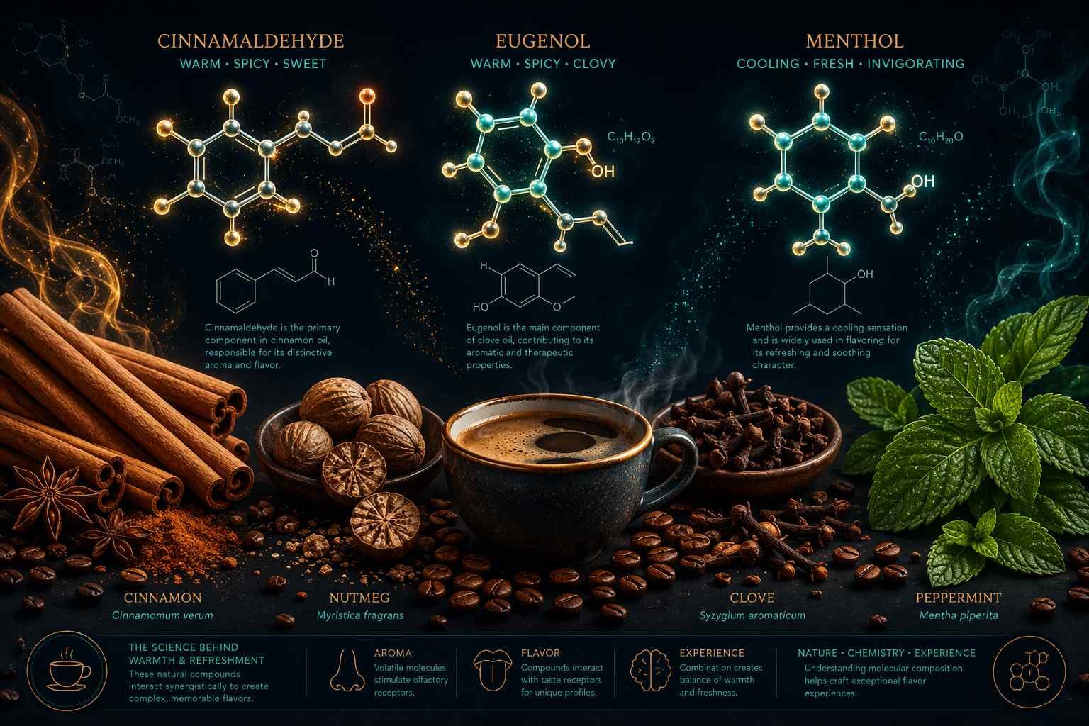 Scientific visualization of key aroma molecules in seasonal coffee syrups: cinnamaldehyde (cinnamon), eugenol (clove), and menthol (peppermint mocha). Essential reference for food flavor formulators developing pumpkin spice and peppermint mocha coffee syrups.