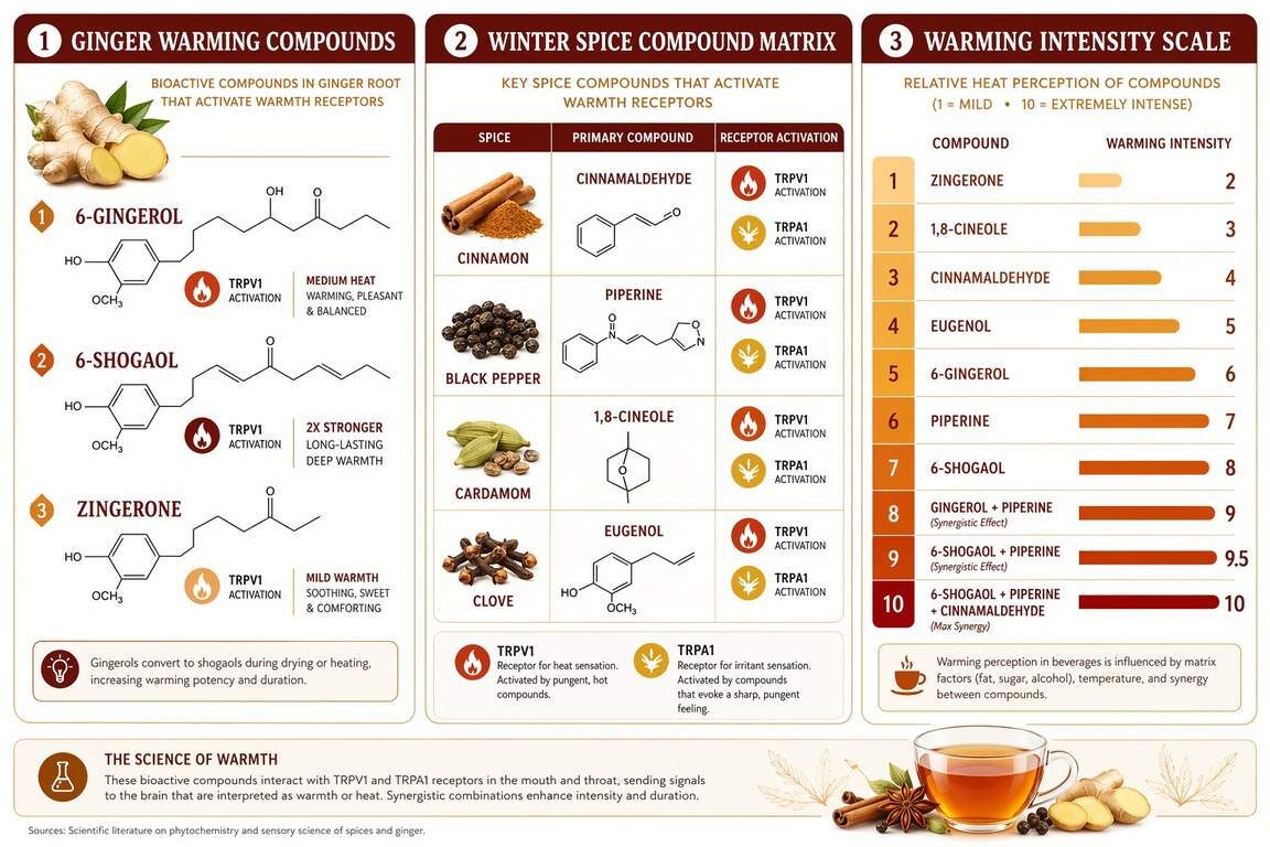 A three-panel scientific infographic showing ginger warming compounds (6-gingerol, 6-shogaol, zingerone) with TRPV1 activation, the winter spice compound matrix (cinnamaldehyde, piperine, 1,8-cineole, eugenol), and relative warming intensity scale — from CUIGUAI Flavoring's winter beverage flavor science guide.