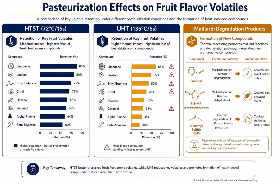 Scientific infographic showing fruit flavor volatile compound retention rates (limonene, linalool, ethyl butyrate, citral, hexanal, geraniol) under HTST vs UHT pasteurization conditions, with Maillard degradation products formation data — from CUIGUAI Flavoring's juice flavor science guide.