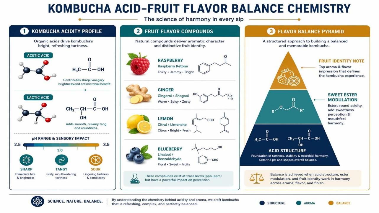 A three-panel infographic showing kombucha acidity profile (acetic acid, lactic acid, pH 2.5-3.5), compatible fruit flavor compounds (raspberry ketone, gingerol/shogaol, citral, linalool), and the flavor balance pyramid — from CUIGUAI Flavoring's technical kombucha flavoring guide.