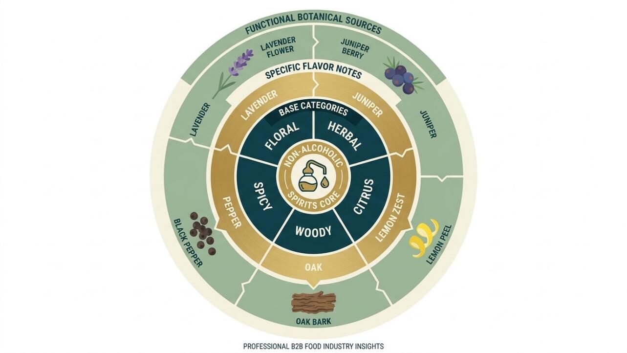 A scientific flat-design infographic showing the flavor complexity wheel for non-alcoholic spirits — concentric rings mapping base categories (floral, herbal, citrus, woody, spicy) to specific flavor notes and their botanical source materials. Created for B2B beverage developers by CUIGUAI Flavoring.