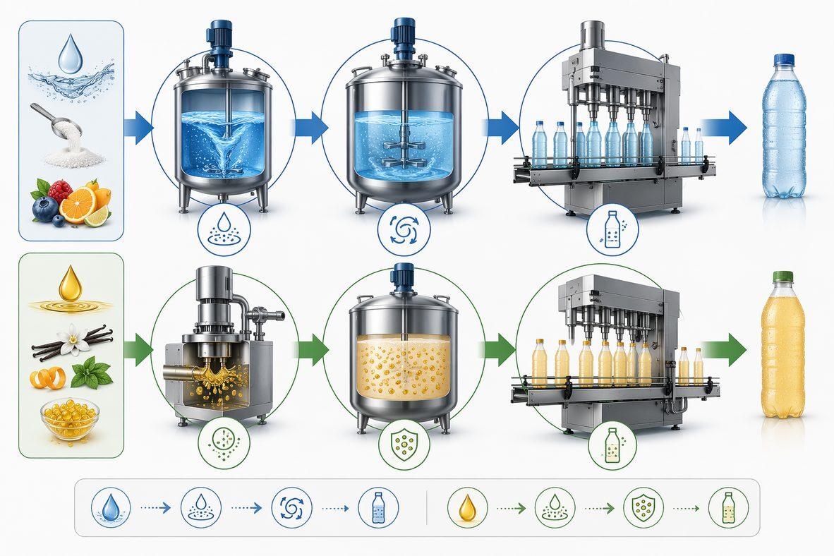 A process flow comparison showing the simpler blending pathway for water-soluble beverage flavors versus the homogenization, particle-size analysis and stability monitoring required for oil-soluble emulsion systems.