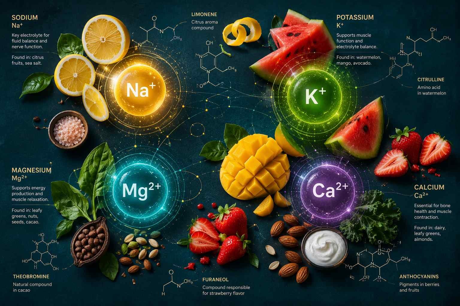 Scientific illustration of electrolyte mineral ion interactions with tropical flavor compounds in hydration powder formulations. Covers sodium, potassium, magnesium, calcium, and their sensory impact on citrus and fruit flavor profiles.