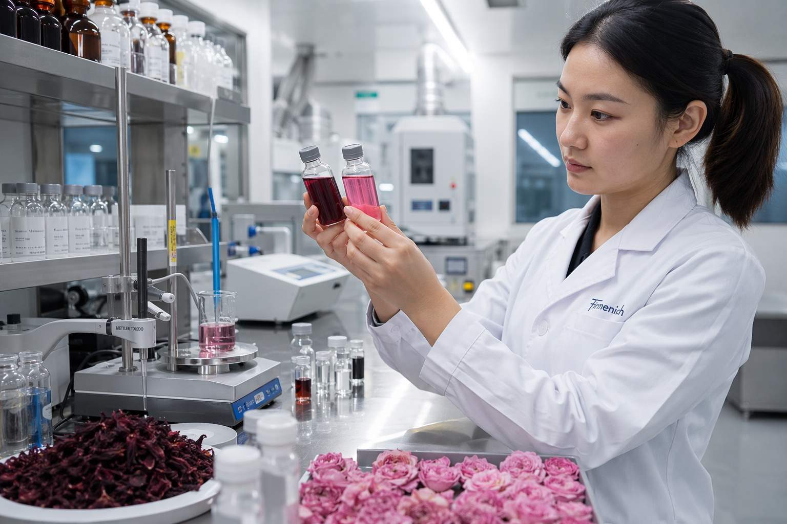 Inside CUIGUAI Flavoring's professional beverage flavor R&D laboratory in Guangdong, China. Development of premium hibiscus and rose flavor concentrate systems for hot brew, cold brew, and RTD tea applications.