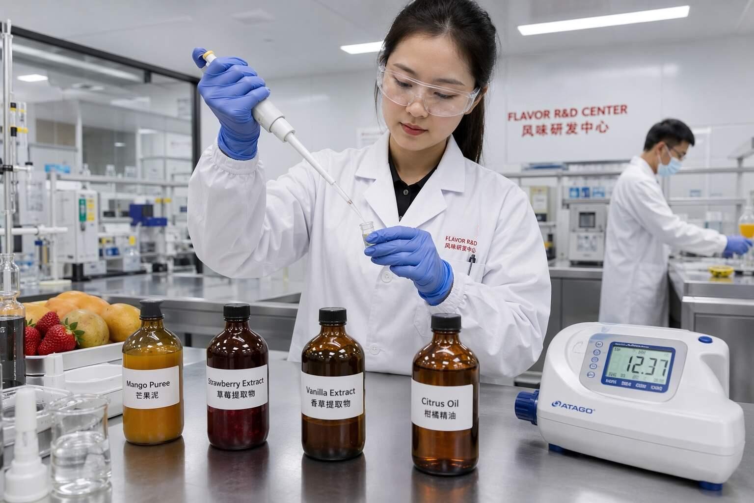 Inside CUIGUAI Flavoring's professional food flavor R&D laboratory in Guangdong, China. Precision development of fruit puree and flavor extract systems for premium smoothie brand formulation, optimizing top note, heart note, and base note performance.